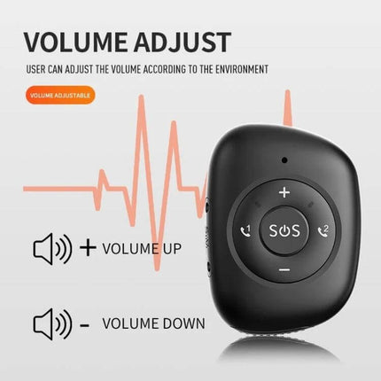 Waterproof GPS Tracker for Seniors with Emergency SOS Button showing black device with SOS button and volume adjust icons