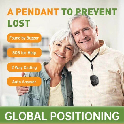 Waterproof GPS Tracker for Seniors with Emergency SOS Button shown worn as pendant, real-time tracking and SOS for elderly safety