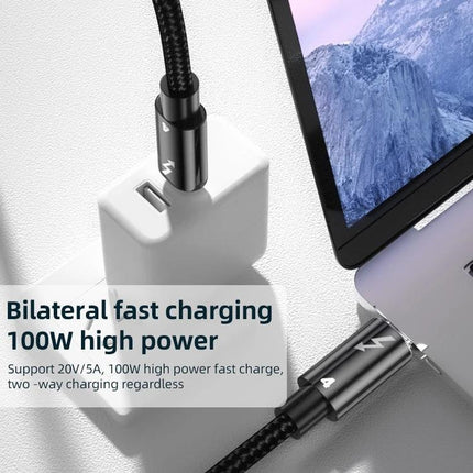 Type-C Cable for Everyday Device Charging and Connections plugged between laptop and 100W wall charger, braided cable for fast charging and data transfer