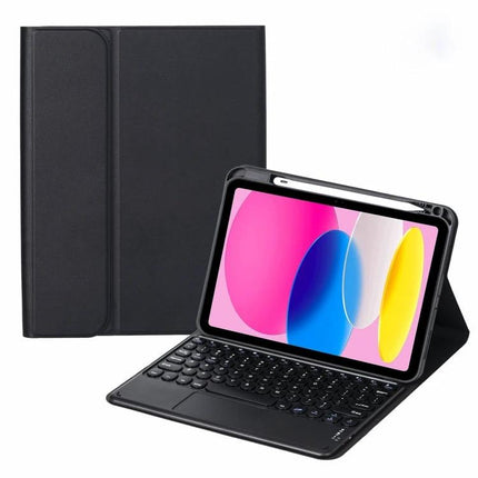 Leather Case with Bluetooth Keyboard for iPad 10th Generation 10.9-Inch - black folio keyboard case showing tablet in typing position