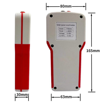 Solar Panel Multimeter for Power Supply Testing with 800W Capacity handheld tester showing dimensions and rear label