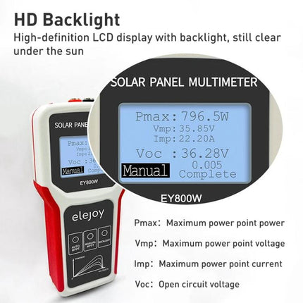 Solar Panel Multimeter for Power Supply Testing with 800W Capacity handheld device showing HD backlight LCD and Pmax 796.5W readout
