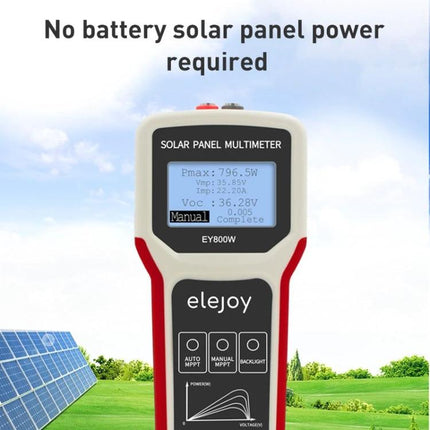 Solar Panel Multimeter for Power Supply Testing with 800W Capacity - handheld tester showing power, voltage and current readings