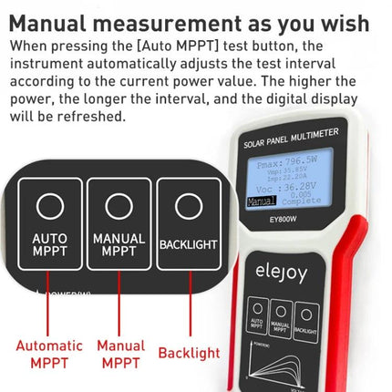 Solar Panel Multimeter for Power Supply Testing with 800W Capacity handheld tester displaying Pmax and MPPT modes
