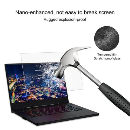 Tempered Glass Screen Protector for 15.6-Inch ASUS Laptops showing hammer impact resistance and anti-glare protection