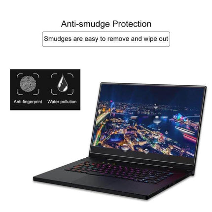 Tempered Glass Screen Protector for 15.6-Inch ASUS Laptops showing anti-smudge anti-fingerprint protection on a laptop display