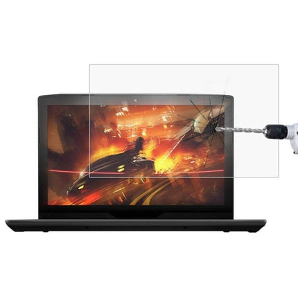 Tempered Glass Screen Protector for 15.6-Inch ASUS Laptops showing tempered glass blocking drill impact and reducing glare