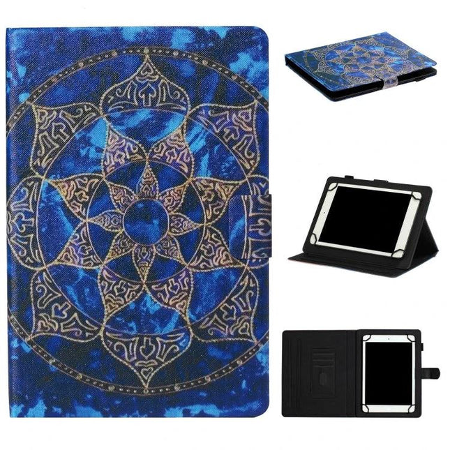 Leather Protective Case for 7-10 Inch Tablets with Holder - blue mandala folio stand case for tablet protection and hands-free viewing
