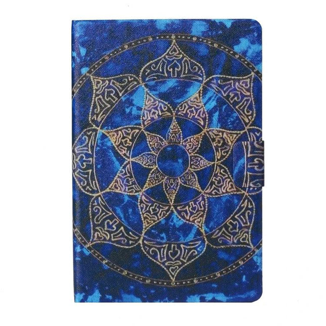Leather Protective Case for 7-10 Inch Tablets with Holder in blue mandala design, folio cover with holder for hands-free viewing