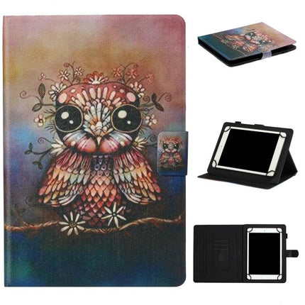 Leather Protective Case for 7-10 Inch Tablets with Holder featuring colorful owl art, foldable stand and secure holder for hands-free viewing
