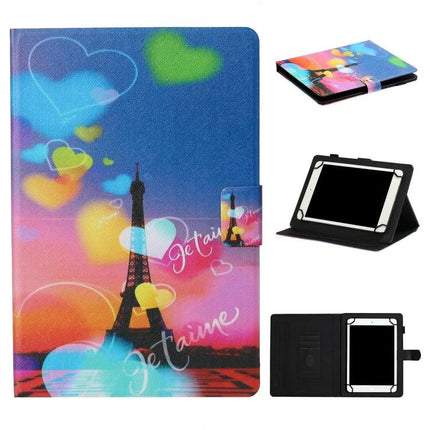 Leather Protective Case for 7-10 Inch Tablets with Holder Stylish Eiffel Tower Heart Print Folio Stand
