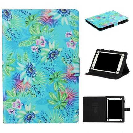 Leather Protective Case for 7-10 Inch Tablets with Holder in Blue Floral Print, Stand And Secure Fit