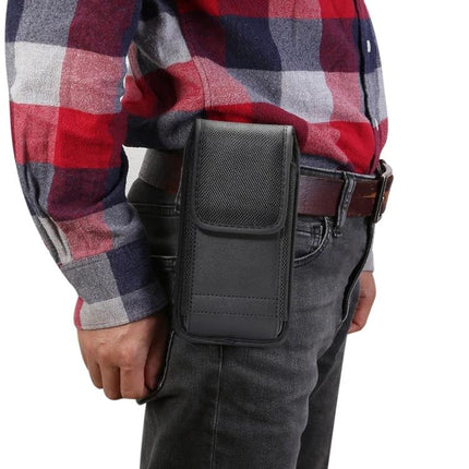 Practical Nylon Waist Bag With Card Slot shown attached to belt, black nylon oxford phone pouch for hiking commuting