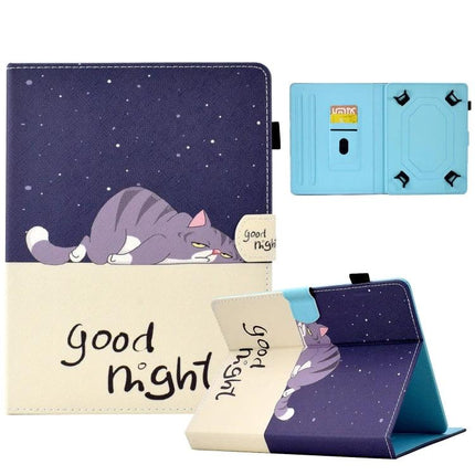 Protective TPU Leather Case for Samsung Galaxy Tab A7 Lite with purple cat good night print, built-in card slot and foldable stand