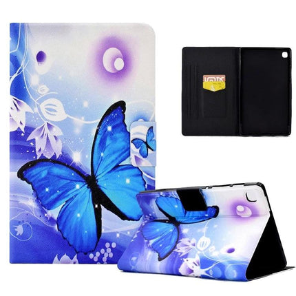 Protective TPU Leather Case for Samsung Galaxy Tab A7 Lite with blue butterfly design, card slots and foldable stand