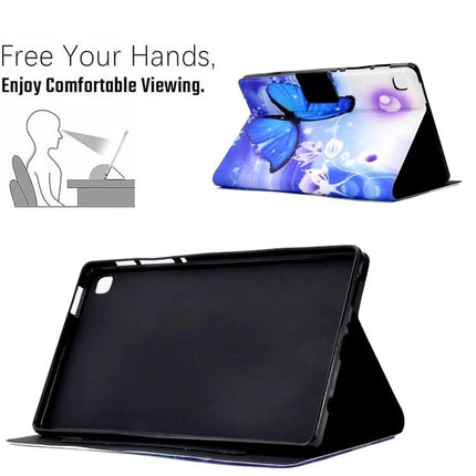 Pressed TPU Leather Protective Case for Samsung Galaxy Tab A 8.0 showing blue butterfly flip stand, card slot and hands-free viewing