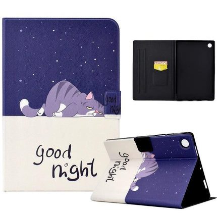 Protective TPU Leather Case for Huawei MatePad T 10 and T 10s - purple cat 'good night' flip stand folio case for hands-free viewing, card pocket