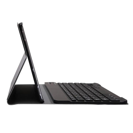 Protective Case with Bluetooth Keyboard and Stand for Galaxy Tab A 8.4 T307 shown in side profile with folding stand and detachable keyboard