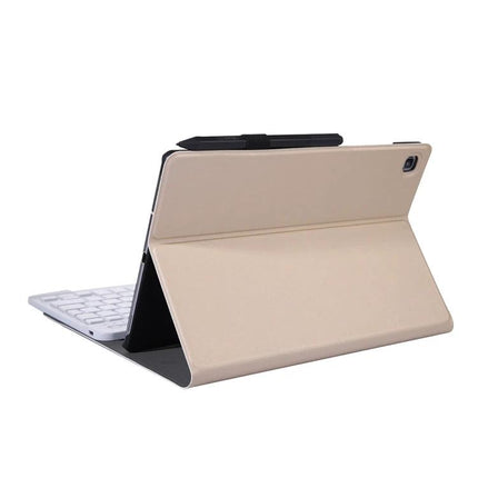 Protective Case with Bluetooth Keyboard and Stand for Galaxy Tab A 8.4 T307 shown folded as a beige folio with white Bluetooth keyboard and stand