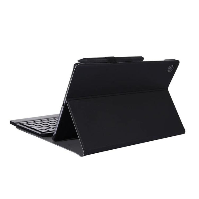 Alt Tag: Galaxy Tab S6 Lite 10.4 Bluetooth Keyboard Protective Case with Stand shown in black with foldable cover and detachable Bluetooth keyboard
