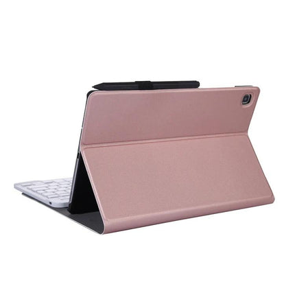 Galaxy Tab S6 Lite 10.4 Bluetooth Keyboard Protective Case with Stand in rose gold showing foldable cover stand and detachable Bluetooth keyboard