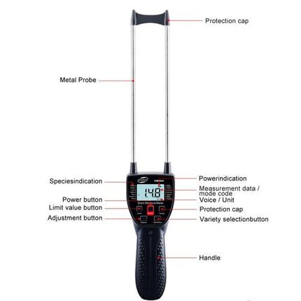 Benetech Grain Moisture Meter for Testing Various Grains showing probe, LCD readout and labeled buttons for 14-grain selection and measurements