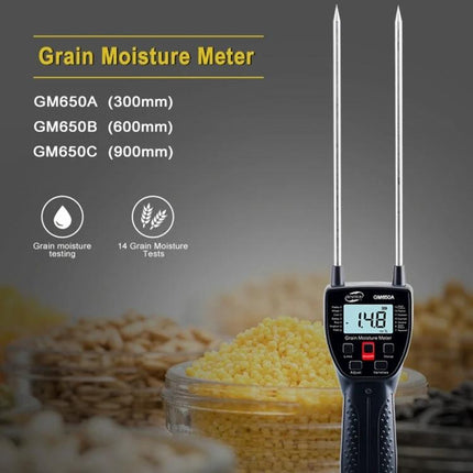 Benetech Grain Moisture Meter for Testing Various Grains handheld probe model GM650 showing digital readout and grains background