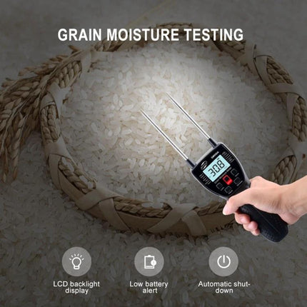 Benetech Grain Moisture Meter for Testing Various Grains measuring rice moisture in a woven basket with digital display