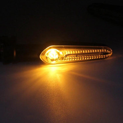 LED Turn Signal Lights for Yamaha Motorcycles, One Pair - amber LED motorcycle turn signal illuminated on dark background, durable ABS PC PA construction