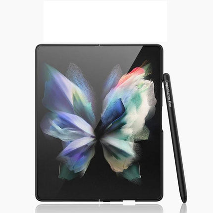 GKK Capacitive Stylus Pen for Samsung Galaxy Z Fold and S Series Phones - compact black stylus beside Galaxy Z Fold showing butterfly screen