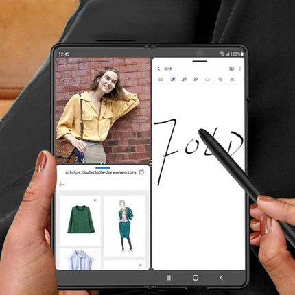 GKK Capacitive Stylus Pen for Samsung Galaxy Z Fold and S Series Phones being used to write and multitask on a foldable phone screen