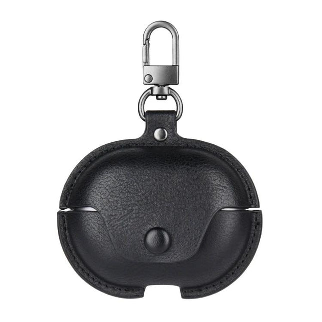 Protective Leather Case for Everyday Earbud Travel Needs - black PU leather clamshell case with clip, protects earbuds from scratches and drops