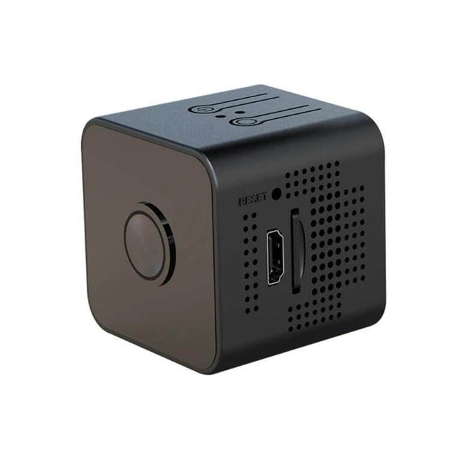 X1 Compact WiFi Camera for Home Security with Night Vision compact black cube camera showing lens and ports, ideal for apartments and small offices