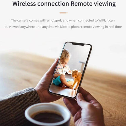 X1 Compact WiFi Camera for Home Security with Night Vision showing live mobile remote viewing of child and pet
