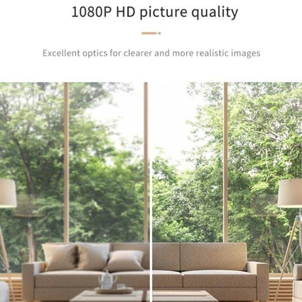 X1 Compact WiFi Camera for Home Security with Night Vision showing 1080P HD split comparison of living room image quality