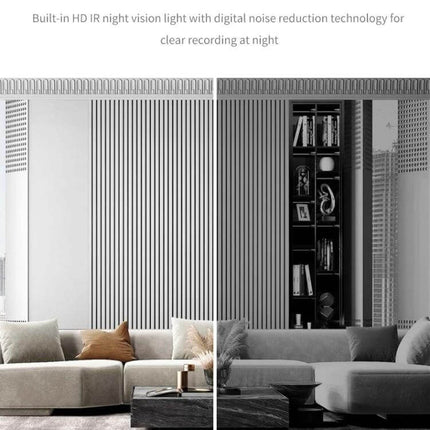 X1 Compact WiFi Camera for Home Security with Night Vision showing split-screen day and night living room view demonstrating IR night vision clarity