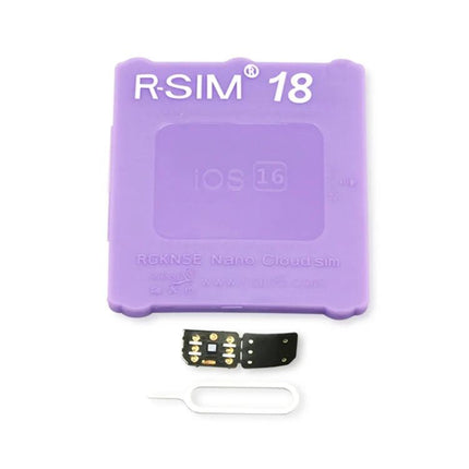 R-SIM 18 Card for Effortless iPhone SIM Management purple card with nano adapter and SIM eject tool