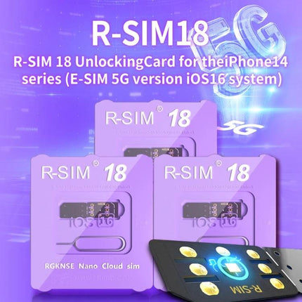 R-SIM 18 Card for Effortless iPhone SIM Management image showing three purple R-SIM 18 unlocking cards and a SIM adapter