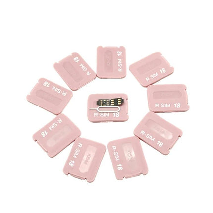 R-SIM 18+ Universal Card for iPhone SIM Switching and Travel — pink R-SIM 18 cards displayed for travel unlocking