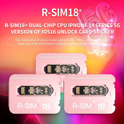 R-SIM 18+ Universal Card for iPhone SIM Switching and Travel showing three pink R-SIM18+ unlock cards for iOS16 iPhone travel and carrier switching
