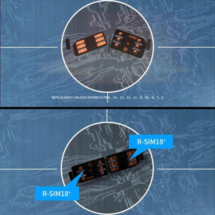 R-SIM 18+ Universal Card for iPhone SIM Switching and Travel showing black unlocking SIM adapters on a circuit-background