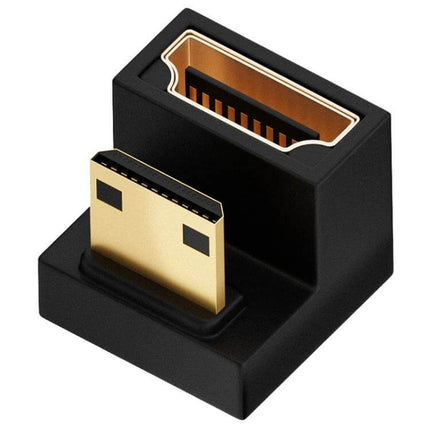 Alt Tag: HDMI to Micro HDMI Adapter for Everyday Device Connections black right-angle adapter with gold-plated connectors for TV monitor streaming and gaming