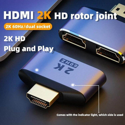 HDMI Adapter with Indicator Lights for Device Connections showing gold-plated HDMI plug, dual socket 2K 60Hz design and built-in indicator lights