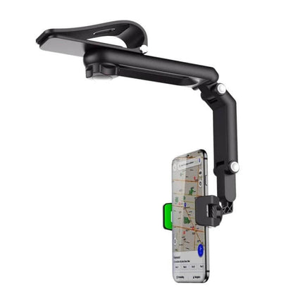 Multifunctional Car Sun Visor Mobile Phone Holder Green showing 1080-degree rotating clamp mounted to visor with phone for navigation