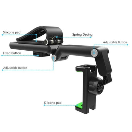 Multifunctional Car Sun Visor Mobile Phone Holder Green showing adjustable clamp, silicone pads, spring design and 1080-degree rotation for car or home use