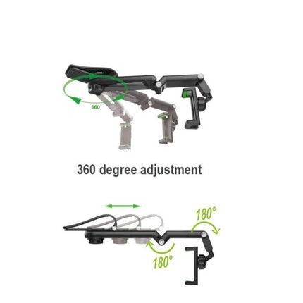 Multifunctional Car Sun Visor Mobile Phone Holder Green showing 360° rotation and 180° foldable adjustment for versatile mounting and viewing