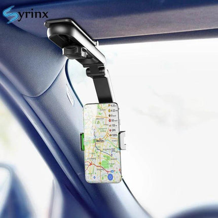 Multifunctional Car Sun Visor Mobile Phone Holder Green mounted on visor with 1080-degree rotation showing phone navigation