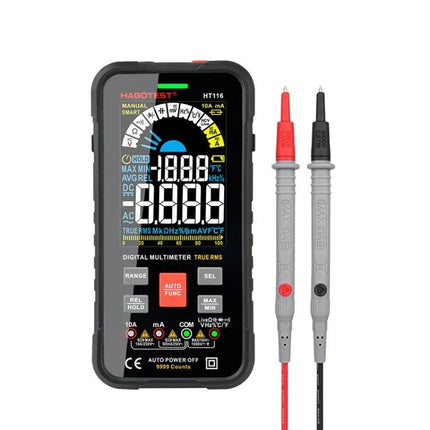 HABOTEST HT116 Large Screen Digital Multimeter showing 2.7-inch VA reverse display and probes for troubleshooting electronics