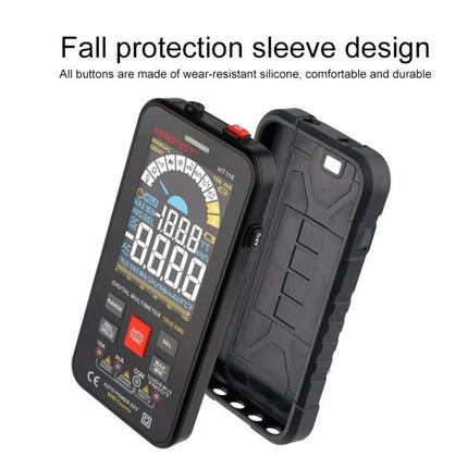 HABOTEST HT116 Large Screen Digital Multimeter showing 2.7-inch VA reverse display and rugged fall protection sleeve