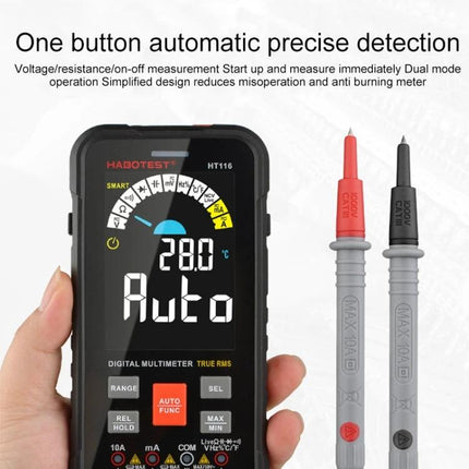 HABOTEST HT116 Large Screen Digital Multimeter handheld showing 2.7-inch VA reverse display with probes and Auto mode
